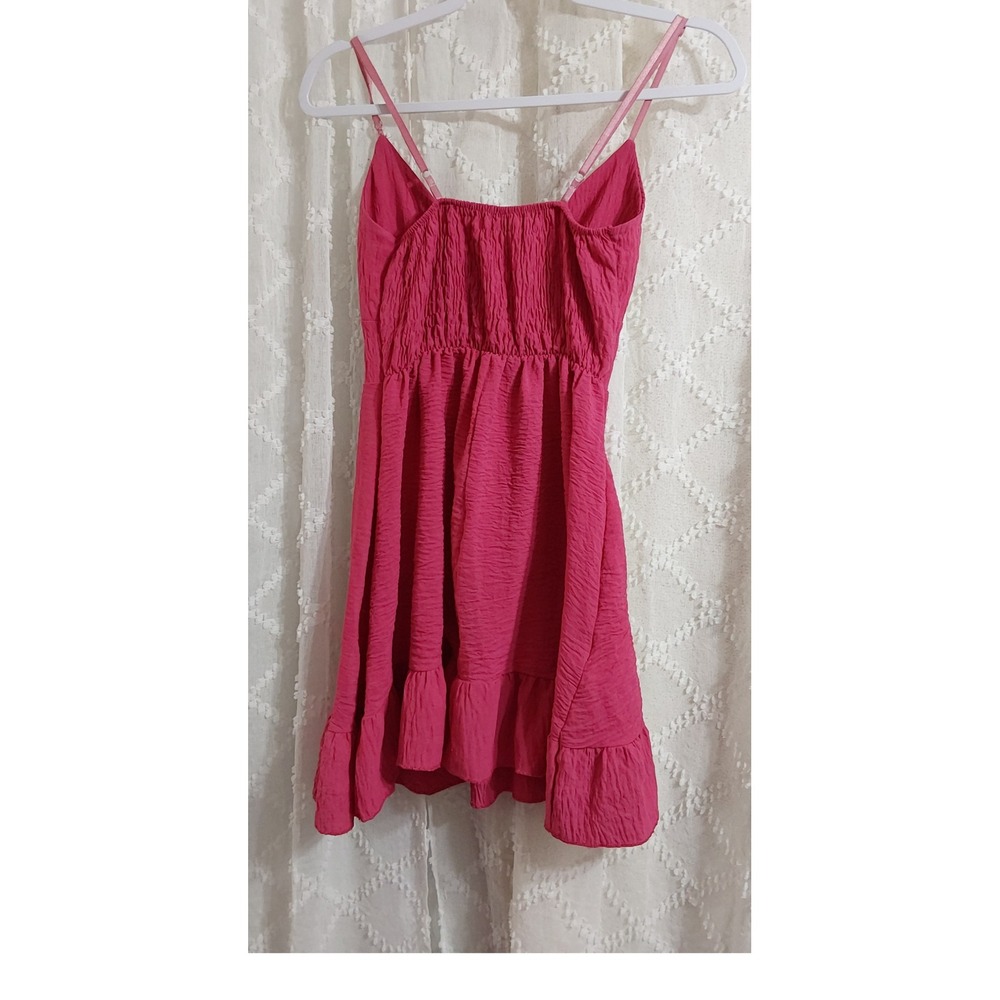 New Collection Pink Crinkle Tie Front Ruffle Hem Mini Dress Smocked Back Small